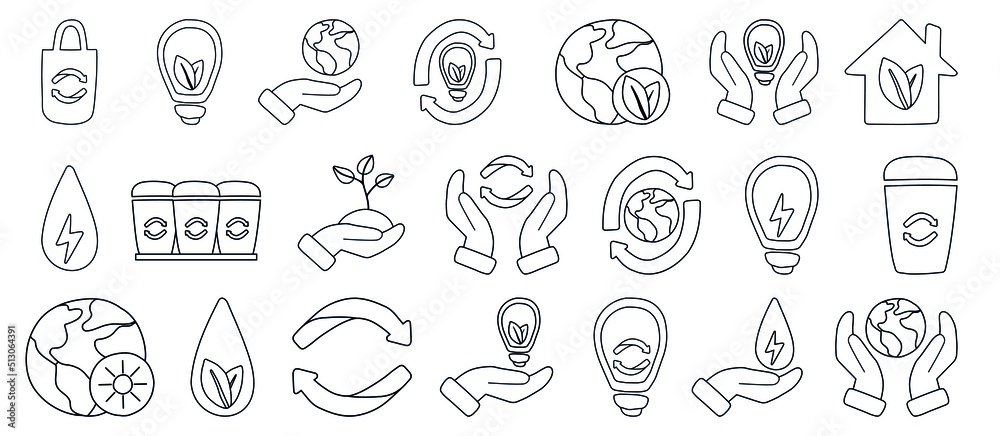 Ecology. Eco line icon set. Contains icons such as recycling, eco house, renewable energy and much more. Hand-drawn icons