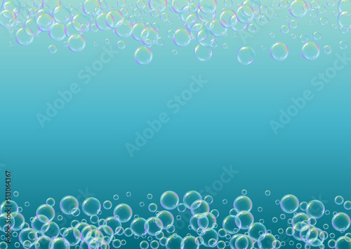 Suds bubble. Detergent bath foam and soap for bathtub. Shampoo.