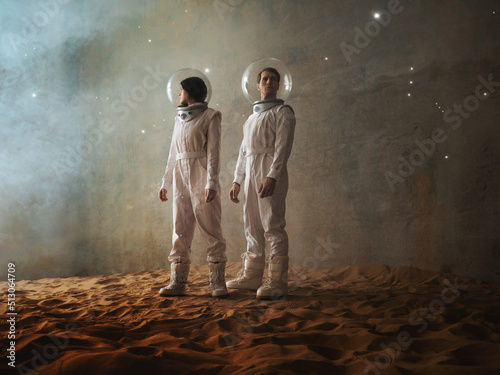 Fotografering Astronauts in an empty colony on a deserted planet, a man and a woman in white f