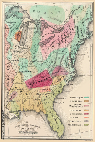 An enhanced, restored reproduction of a map of the location of Native American populations in the United States on the east coast. Published circa 1849 but reflects around 1600.  photo