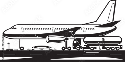 Tank truck loading aircraft with fuel – vector illustration