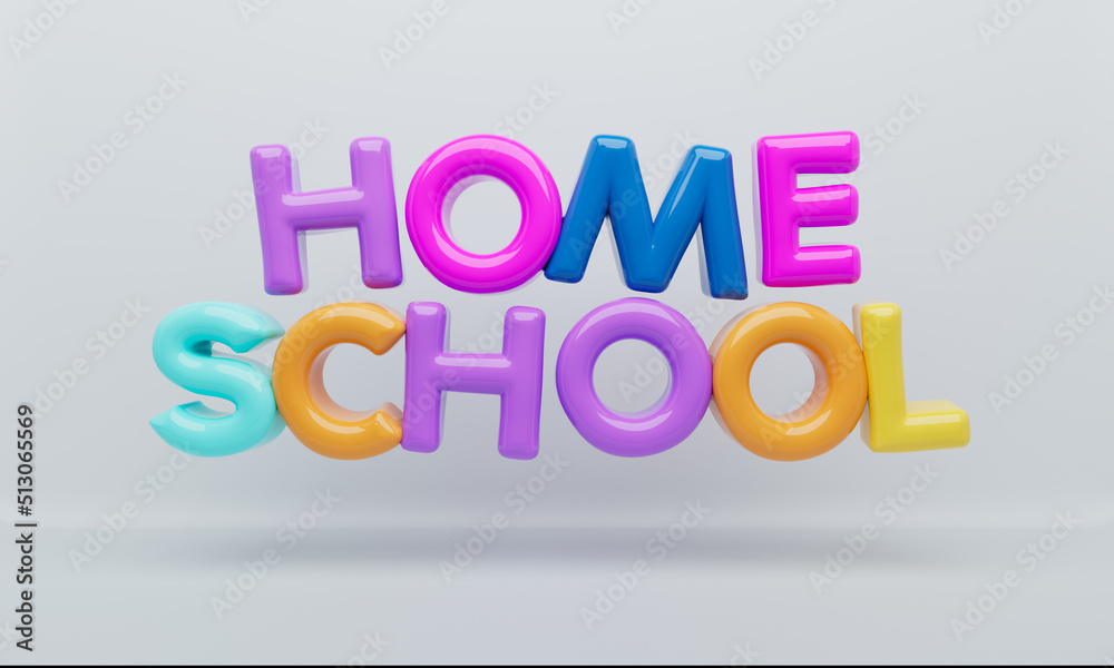 Colorful HOME SCHOOL Sign 3D Rendering Over White Background with Clipping Path