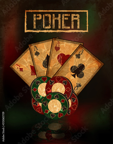 Vintage casino background with  poker cards and chips, vector illustration