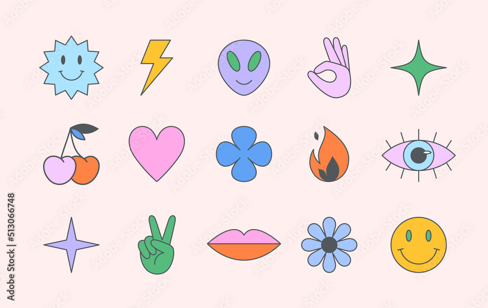 Vector set of colorful fun patches,stickers,geometric shapes in 90s style.Abstract icons or symbols in y2k aesthetic.Trendy design elements for banners,social media marketing,branding,packaging,covers