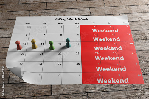 A long weekend calendar to illustrate the concept of four-day work week introduced by the UK and European companies. photo