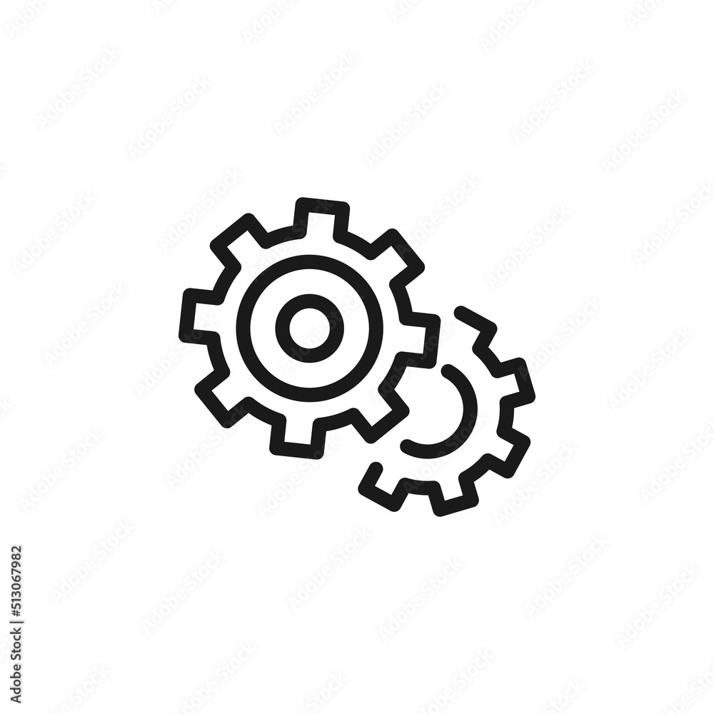 Business and money concept. Monochrome sign drawn with black line. Editable stroke. Vector line icon of gear or cogwheel Business and money concept. Monochrome sign drawn with black line. Editable stroke. Vector line icon of gear or cogwheel