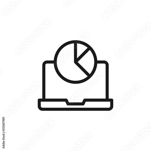 Business and money concept. Monochrome sign drawn with black line. Editable stroke. Vector line icon of pie chart on laptop monitor
