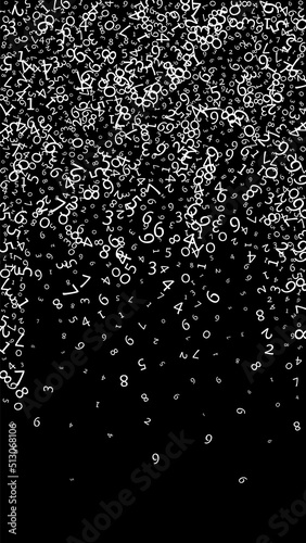 Falling numbers, big data concept. Binary white messy flying digits. Juicy futuristic banner on black background. Digital vector illustration with falling numbers.