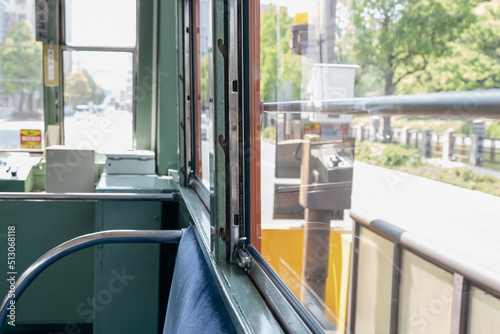 Inside of old tramcar in Matsuyama, Japan photo