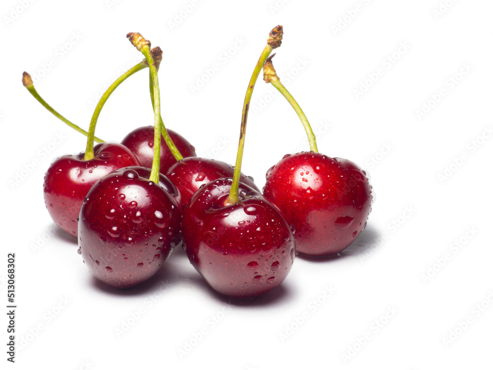 Juicy cherries in water droplets on a white background. Useful food. Beautiful berries isolate. Ripe berries on the table. Ingredient for a dish. Juicy cherries in water droplets on a white background. Useful food. Beautiful berries isolate. Ripe berries on the table. Ingredient for a dish.