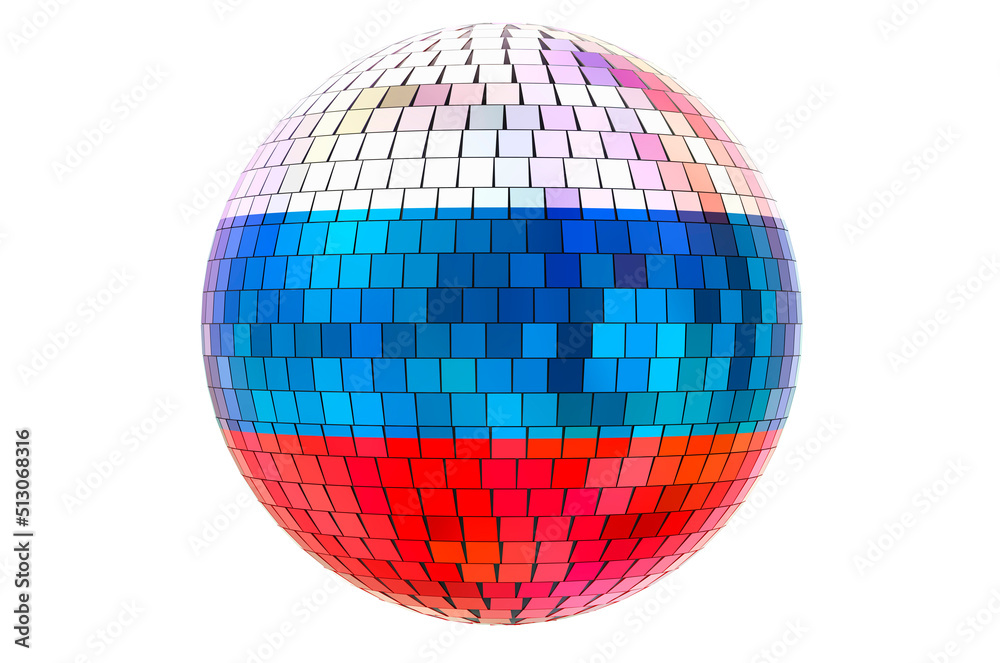 Mirror disco ball with Russian flag, 3D rendering