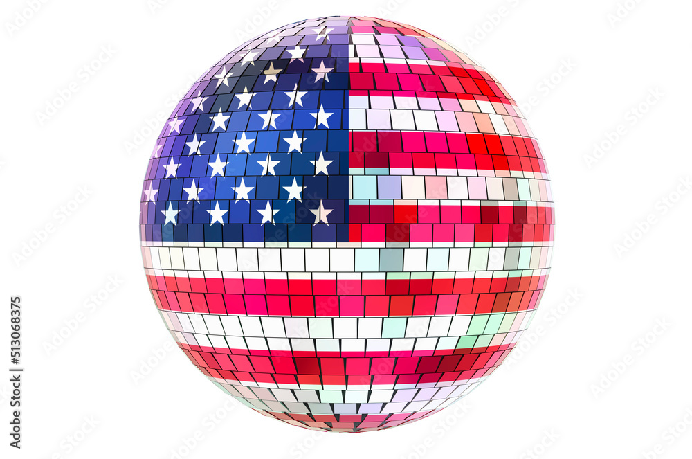 Mirror disco ball with the United States flag, 3D rendering
