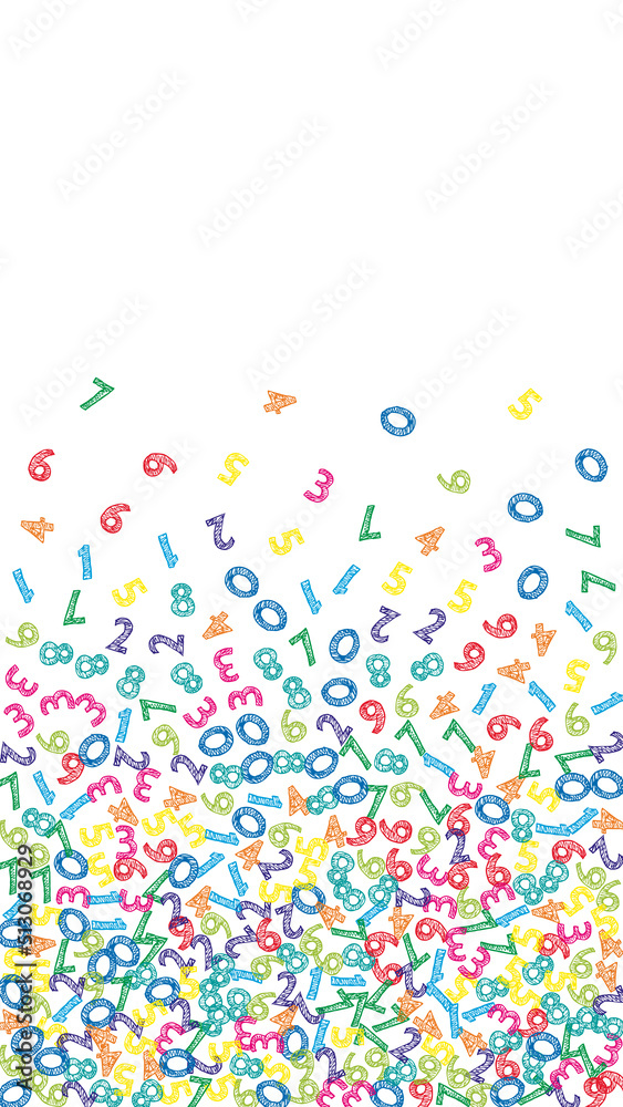 Falling colorful sketch numbers. Math study concept with flying digits. Divine back to school mathematics banner on white background. Falling numbers vector illustration. Falling colorful sketch numbers. Math study concept with flying digits. Divine back to school mathematics banner on white background. Falling numbers vector illustration.