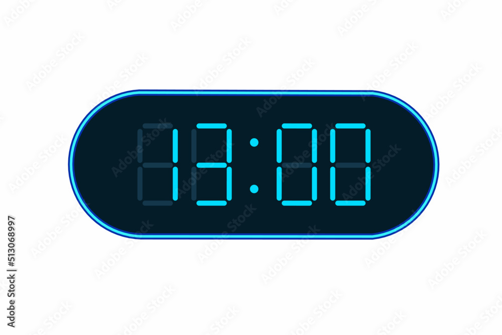 Vector flat illustration of a digital clock displaying 13.00 . Illustration of alarm with digital number design. Clock icon for hour, watch, alarm signs Vector flat illustration of a digital clock displaying 13.00 . Illustration of alarm with digital number design. Clock icon for hour, watch, alarm signs