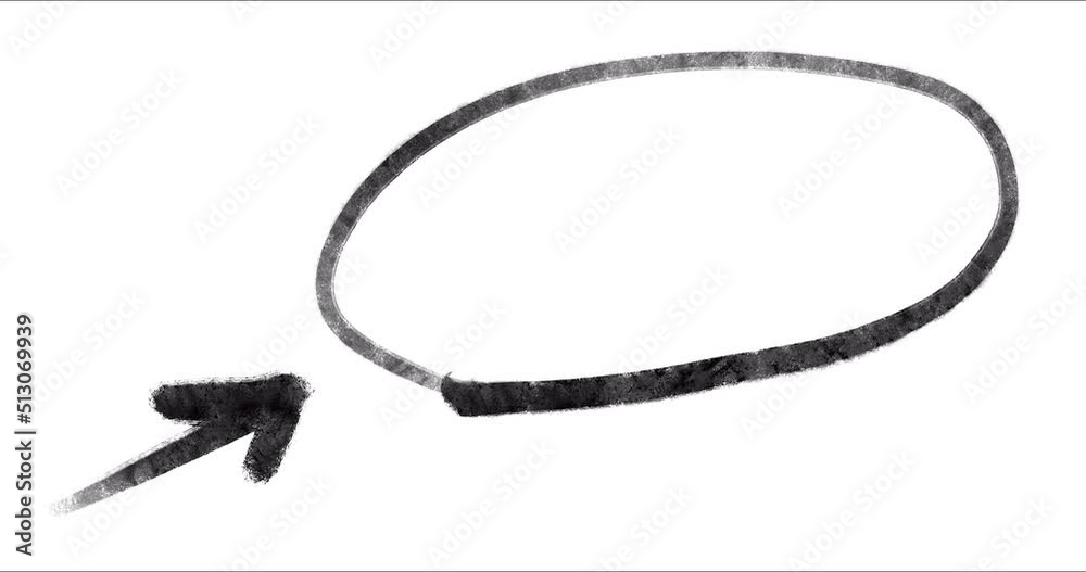 Animated hand drawn brush stroke arrow and circle with copy space isolated on white background