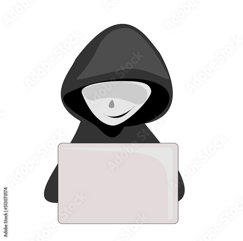 scammer cartoon character.Online crime concept . Swindler and a thief are working at the computer. Vector flat illustration isolated on white background