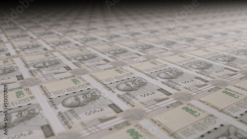 500 Indian rupees bills on money printing machine. Illustration of printing cash. Banknotes. INR. photo