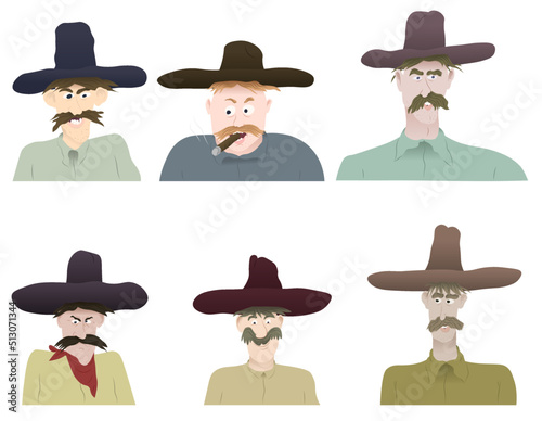 Set of six cowboy characters