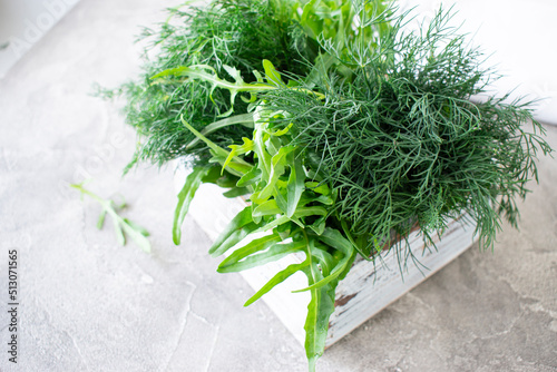 fresh herbs arugula, dill on a wooden table