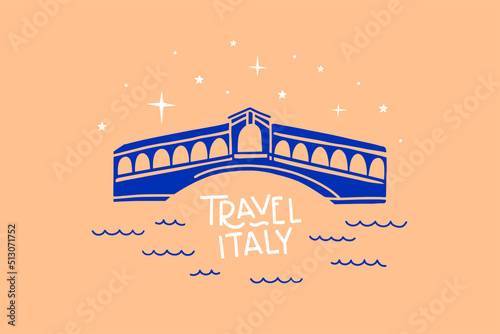 Historic bridge over Grand Canal in Venice. Rialto Bridge is an ancient symbol of city. Popular tourist sight in Italy. Design element for souvenir products. Vector illustration isolated.