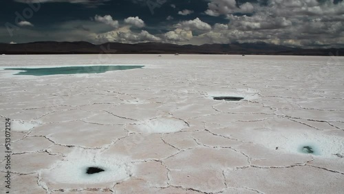 The white desert. Tilt of the natural salt flats called Salinas Grandes, and salt lakes with turquoise color water, in Jujuy, Argentina, under a dramatic sky. The mountains in the horizon.