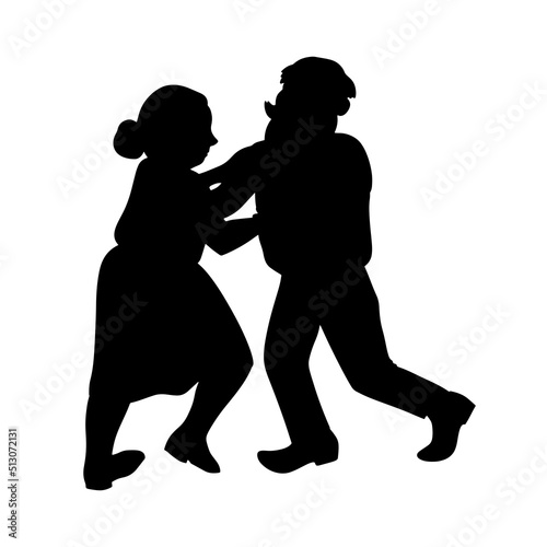 Elderly dancers. Happy old people have fun. Active pensioners. Retro vintage black silhouette of dancers. Silhouette of a couple dancing swing, rock or lindy hop.
