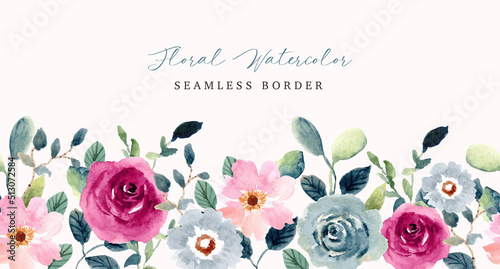 pink blue floral garden watercolor seamless border