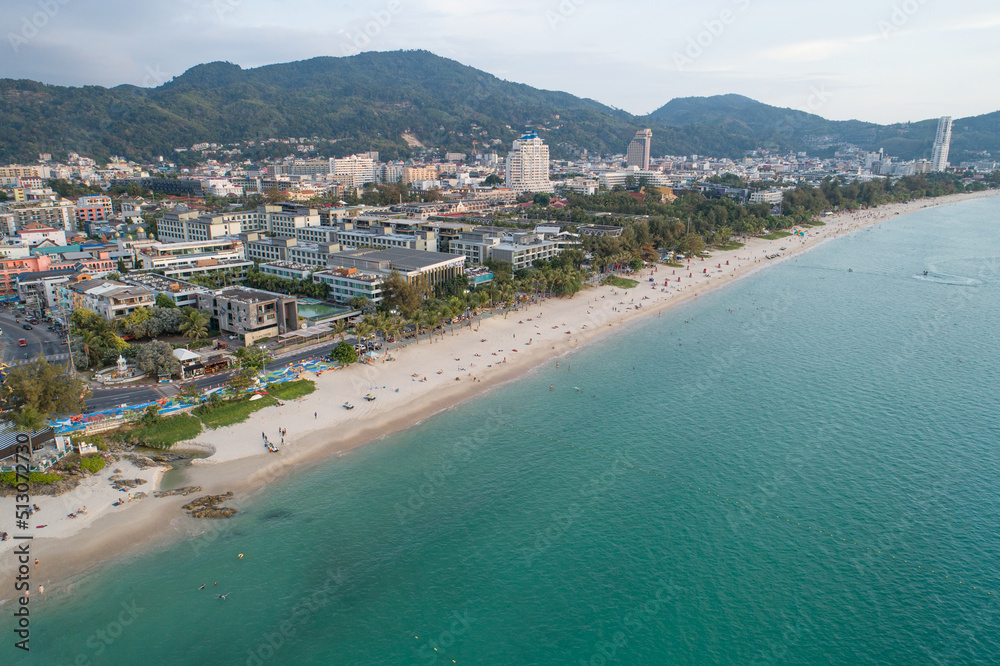 Phuket Patong beach on June 20-2022 aerial view over patong bay in Phuket Thailand Phuket Patong beach on June 20-2022 aerial view over patong bay in Phuket Thailand