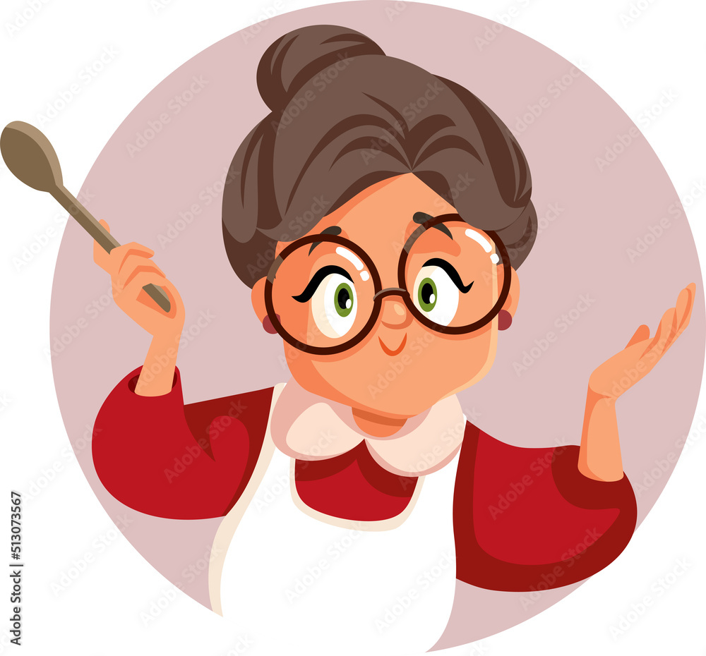 Granny Holding Wooden Spoon Ready to Cook Vector Mascot. Funny elderly woman preparing dessert in homemade traditional style
Granny Holding Wooden Spoon Ready to Cook Vector Mascot. Funny elderly woman preparing dessert in homemade traditional style