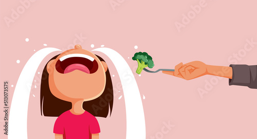 Toddler Girl Crying Refusing to Eat Broccoli Vector Cartoon Illustration. Mom having a hard time trying to feed her child healthy meals
