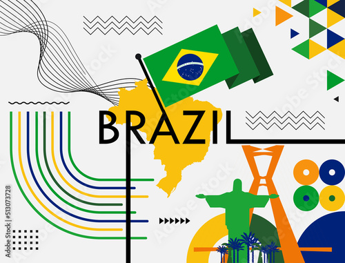 Brazil Flag and map with landmarks. National day or Independence day design for Brazilian celebration. Modern retro design with Rio landmarks abstract icons. Vector illustration.