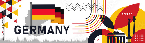 Germany National day or Deutschland banner with retro abstract geometric shapes, berlin landscape landmarks. German flag and map. Red yellow black colors scheme. German Unity Day. Vector Illustration