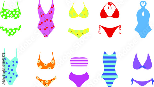 A set of ten color swimsuits isolated on a white background. Vector illustration