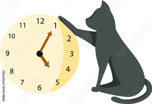 The black cat put her paw on the clock. Grey cat. Cute kitten. Illustration without background. Large wall clock.