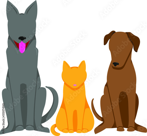 Two dogs and one cat. A red cat. Gray and brown dogs. Big dogs. Kitty. Illustration without background. Two puppies. A lop-eared dog. Friendship between cats and dogs.