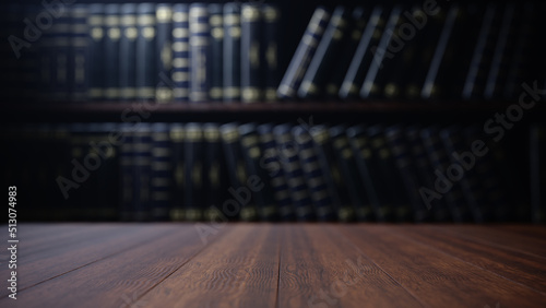 Empty wooden table and modern library background. 3d Render illustration