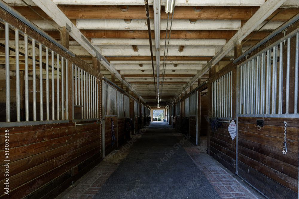 Empty Horse Stall Hallway in Stables in North America