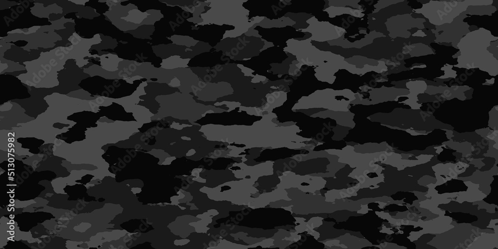 Seamless rough textured military, hunting or paintball camouflage pattern  in a dark black and grey night palette. Tileable abstract contemporary  classic camo fashion textile surface design texture.. Stock Illustration