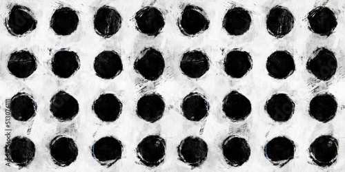 Seamless painted polka dot circles, a black and white artistic acrylic paint texture background. Creative grunge monochrome hand drawn messy polkadots tileable surface pattern design. 3D Rendering..