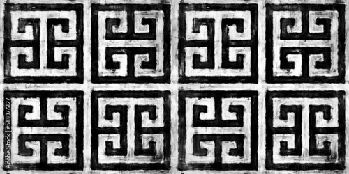 Seamless painted greek key black and white artistic acrylic paint texture background. Creative grunge monochrome hand drawn ornamental square motif tileable surface pattern design. 3D Rendering..