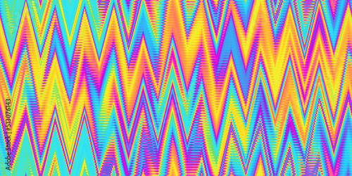 Seamless psychedelic rainbow tribal herringbone chevron stripes pattern background texture. Trippy hippy abstract dopamine dressing style fashion motif. Bright colorful neon retro wallpaper backdrop.