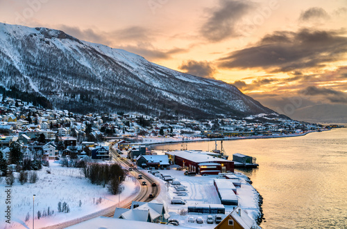 Sunset above the fjord in winter in Tromso, Norway