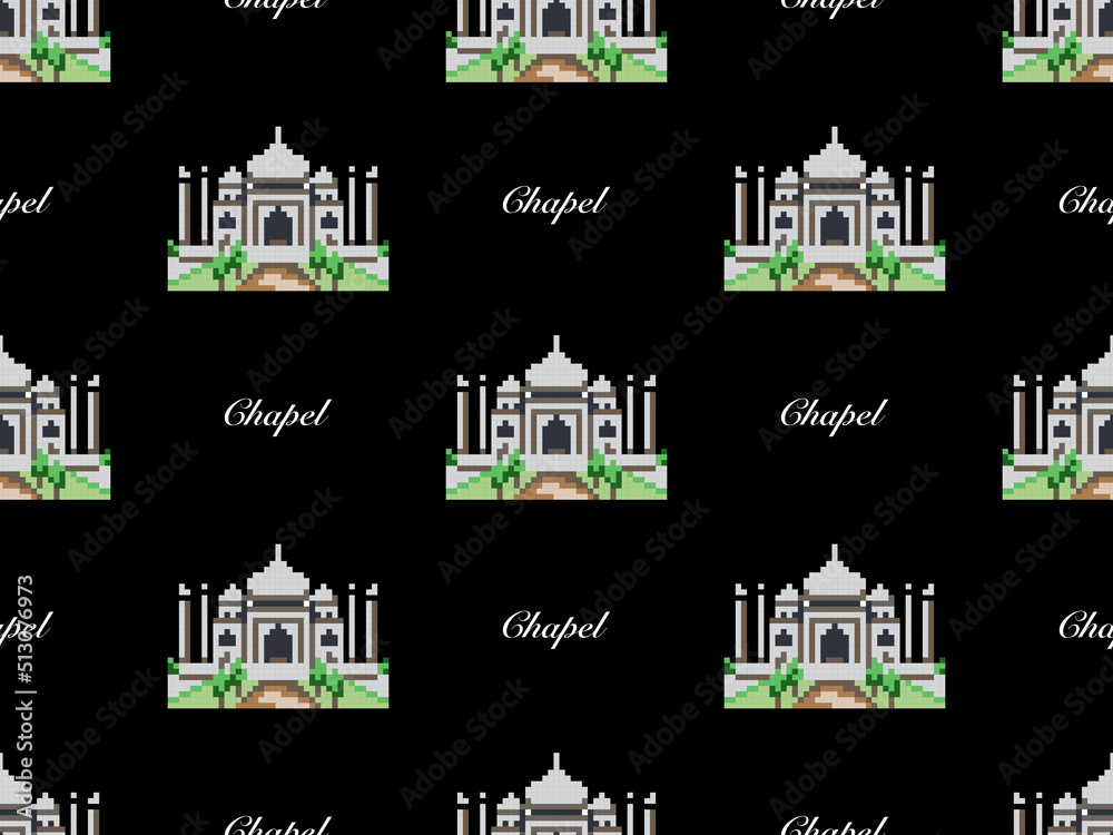 Chapel cartoon character seamless pattern on black background. Pixel style