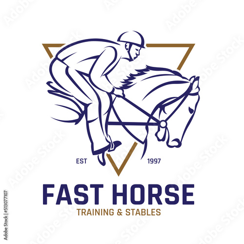 A jockey races his horse, suitable for logo of a racing club, stable and farm, as well as horse racing events