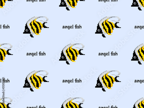 Angel fish cartoon character seamless pattern on blue background. Pixel style