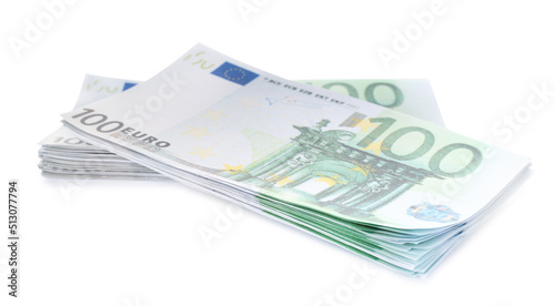 Stacks of euro banknotes isolated on white. Money and finance
