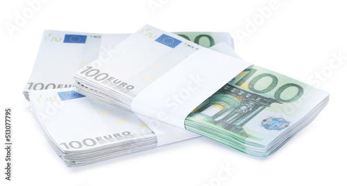 Stacks of euro banknotes isolated on white. Money and finance