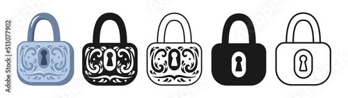 Old padlock square shape icon set. Lock vintage for safety and security symbol protection design element. Metal cartoon shiny locks sign, game, web or app ui locking privacy or encryption logo