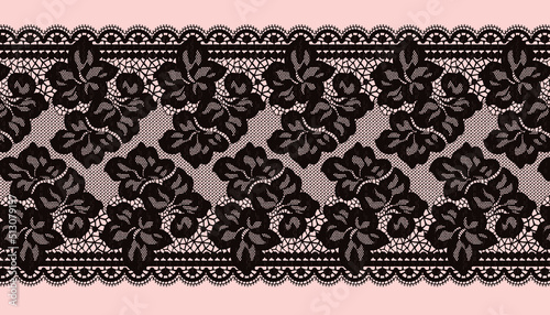 Black Flower Raschel Lace Trim. Net Fabric.