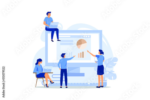 Online business conference, creative illustrations, businessmen, online joint meeting, team thinking and brainstorming, company information analytics. flat design modern illustration